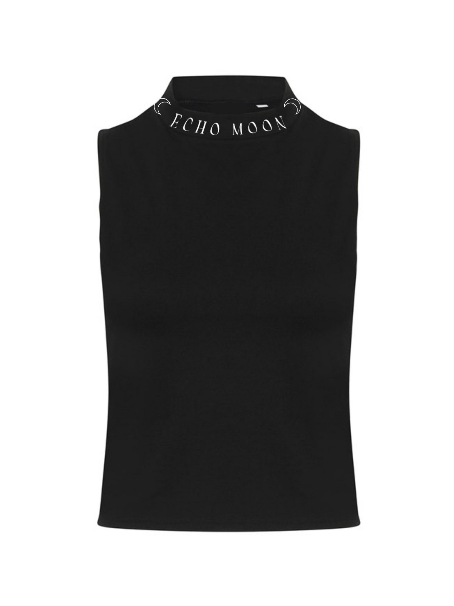 Echo Moon Apparel black high neck crop vest PETA approved vegan front side