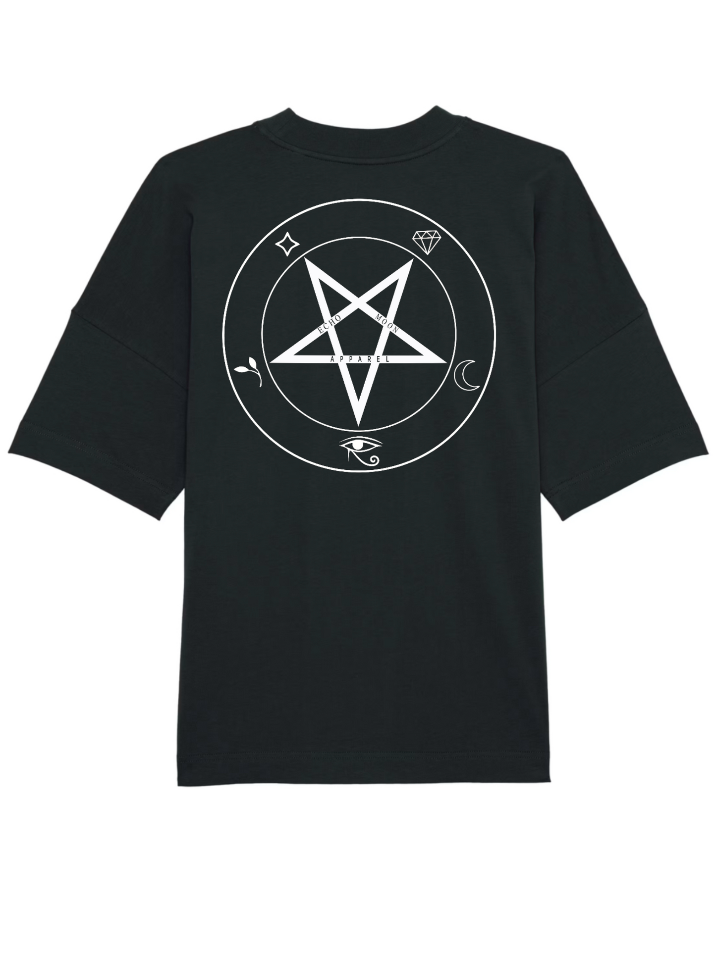 Echo Moon Apparel black circle of shadows oversized tee PETA approved vegan back side