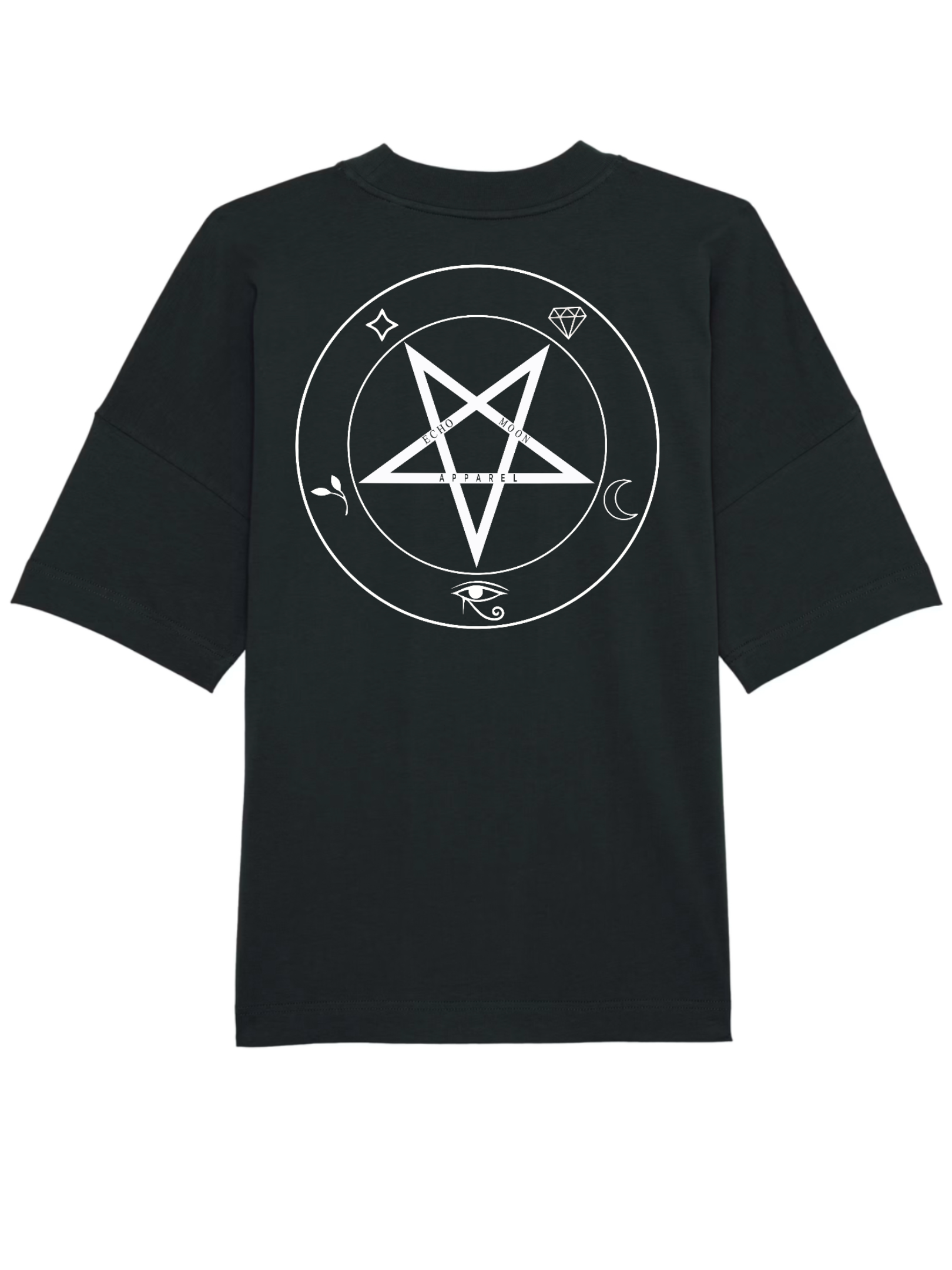 Echo Moon Apparel black circle of shadows oversized tee PETA approved vegan back side