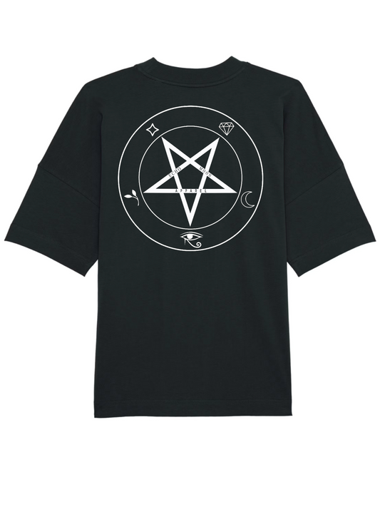 Echo Moon Apparel black circle of shadows oversized tee PETA approved vegan back side