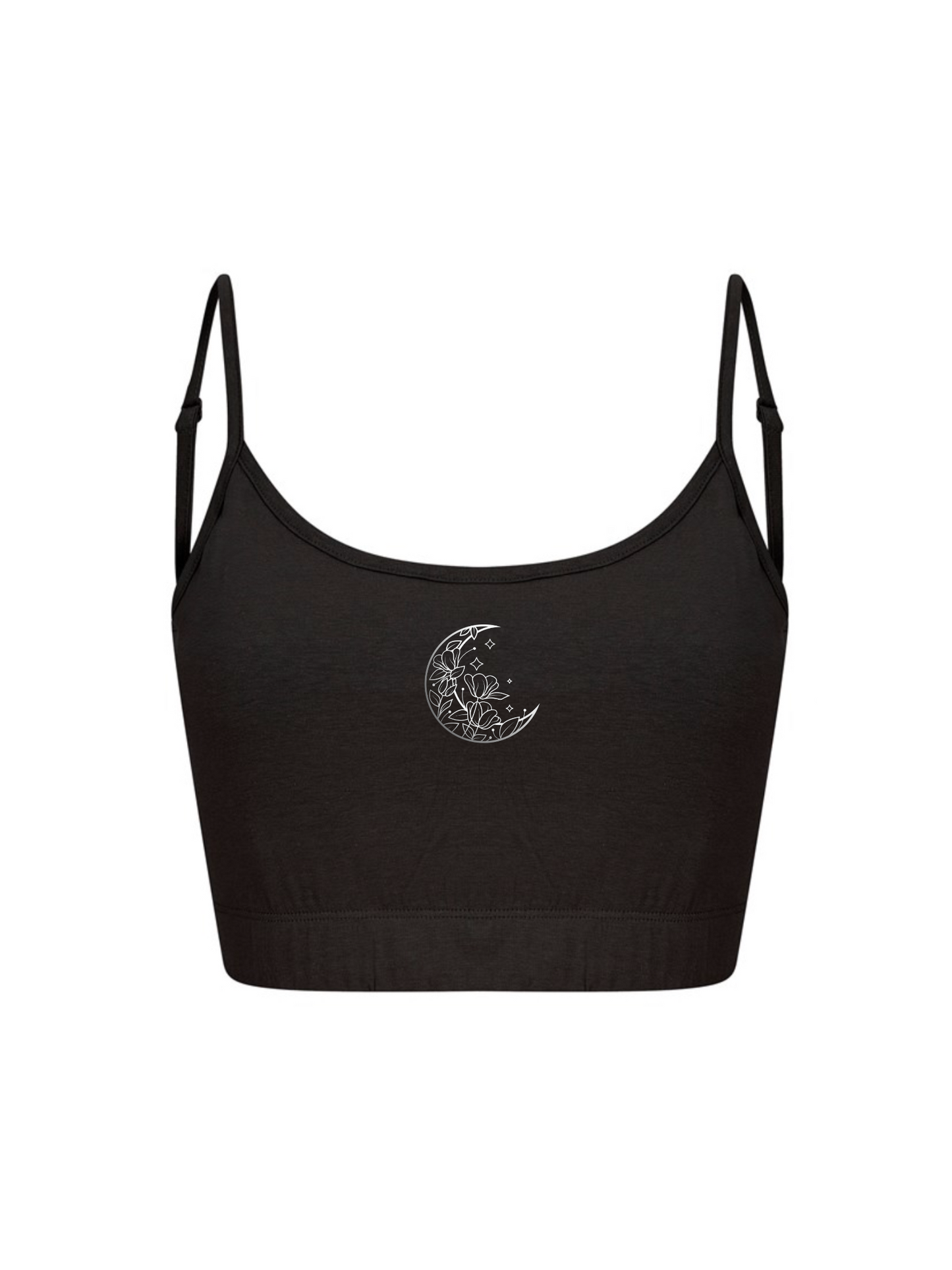 Echo Moon Apparel black crescent cami top PETA approved vegan front side