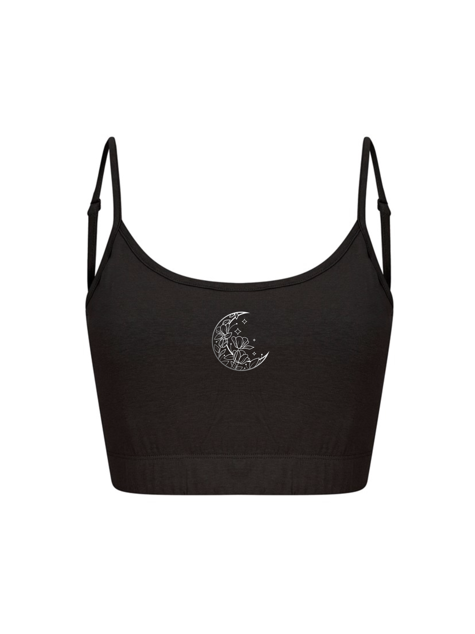 Echo Moon Apparel black crescent cami top PETA approved vegan front side