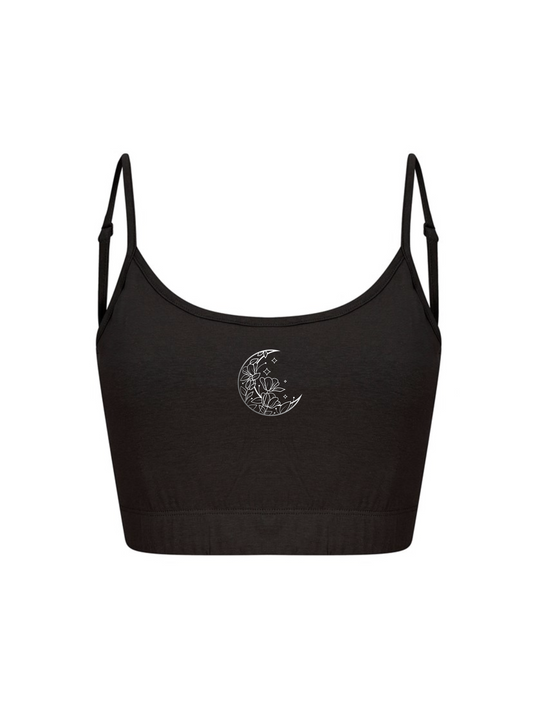 Echo Moon Apparel black crescent cami top PETA approved vegan front side