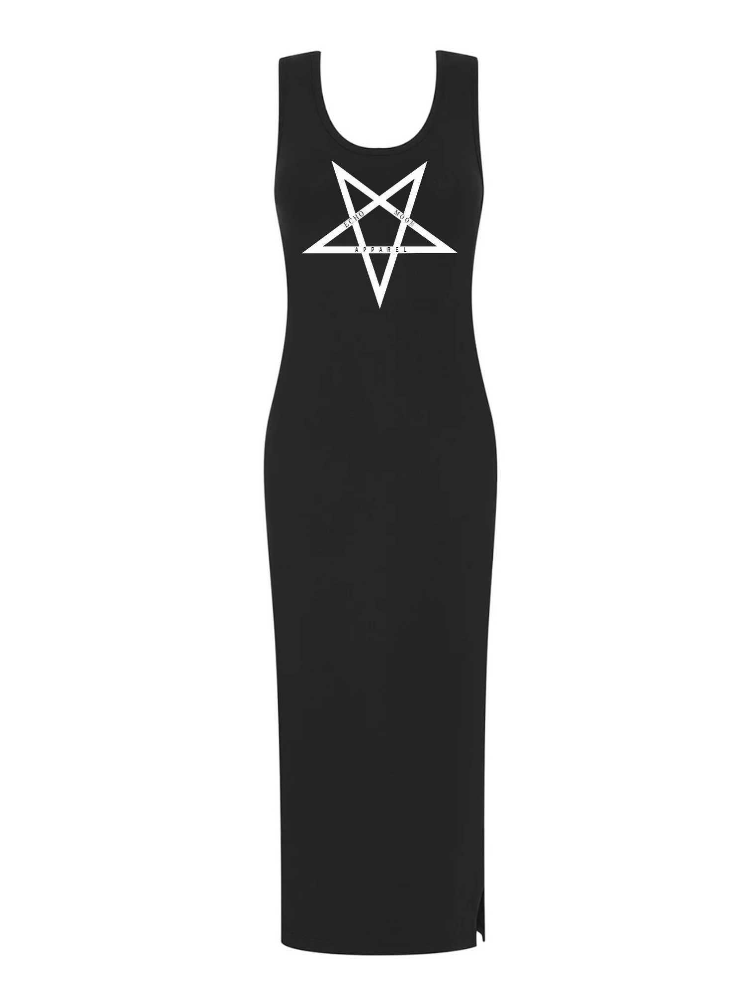 EchoMoon Apparel black lucid hex racerback midi dress PETA approved vegan front side